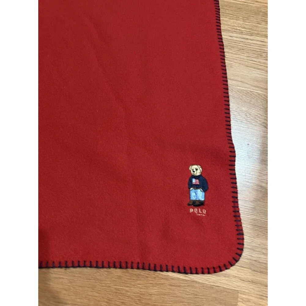 Lauren Ralph Lauren red fleece throw blanket embroidered Polo Bear 52